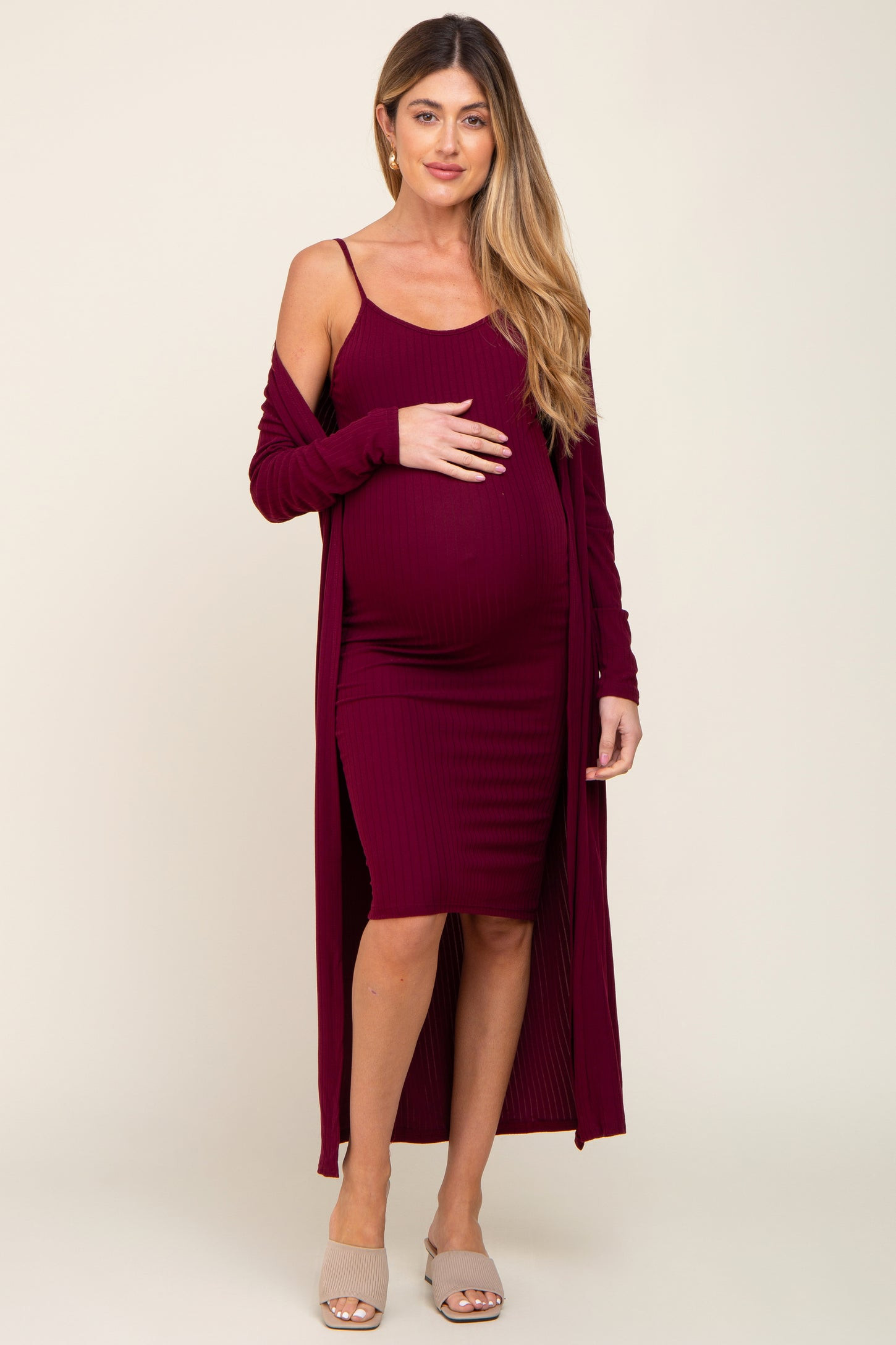 Burgundy Ribbed Cardigan 2 Piece Maternity Set | PinkBlush Maternity