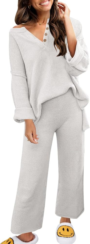 SENSERISE Womens 2 Piece Outfits Sweater Set Long Sleeve Button Knit Pullover Sweater Top Wide Leg P | Amazon (US)