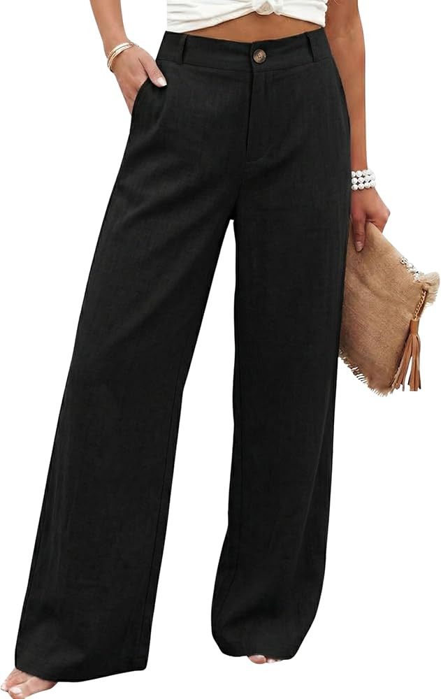 Hooever Womens Cotton Linen Pants Casual Button Up High Waisted Wide Leg Trousers | Amazon (US)