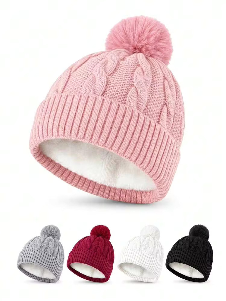 1pc Women's Fleece Lined Cable Knit Beanie Hat With Pom Pom, Warm Thickened Winter Hat, Comfortab... | SHEIN