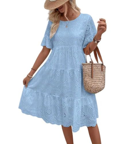 chouyatou Women's Lace Eyelet Short Sleeve Tiered Midi Long Dress Ruffle Hem Babydoll Short Dress | Amazon (US)