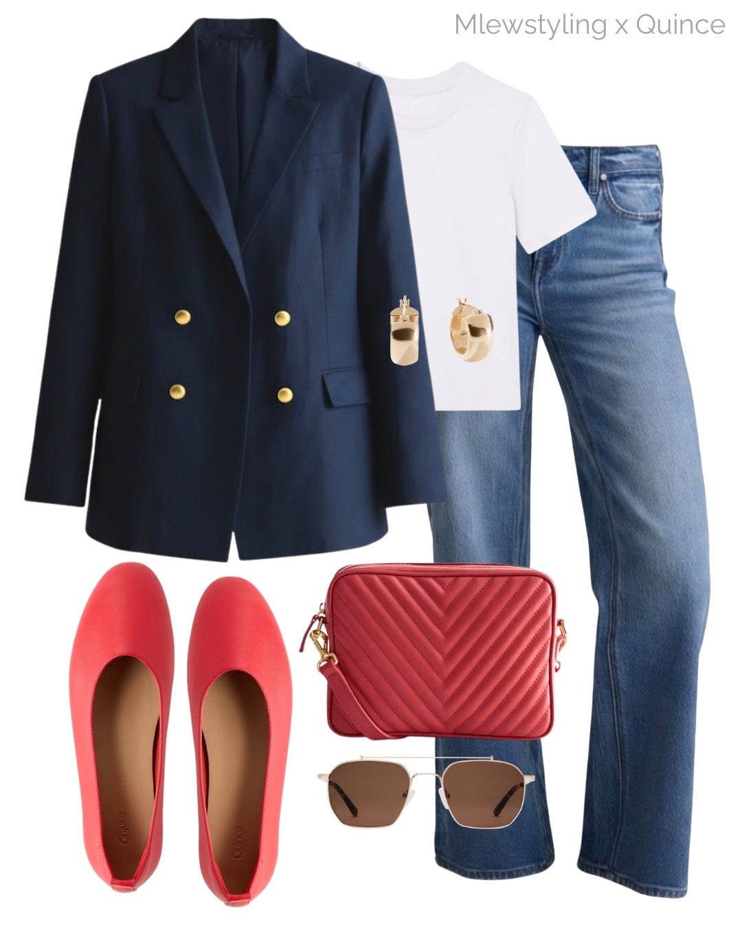 Navy linen blazer outfit 1: styled with red accents ♥️

#QuincePartner @Quince 

Tags: spring outfit, white tee, relaxed straight jeans, red ballet flats, aviator sunglasses, capsule wardrobe, office outfit, casual workwear 

#LTKgrwm #LTKMothersDay #LTKWorkwear