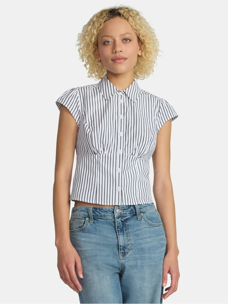 No Boundaries Corset Collared Top with Cap Sleeves, Women’s | Walmart (US)