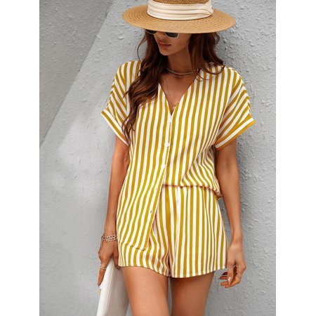 Summer Boho Yellow Women s Striped Batwing Sleeve Blouse Shorts L2201601D M(6) | Walmart (US)