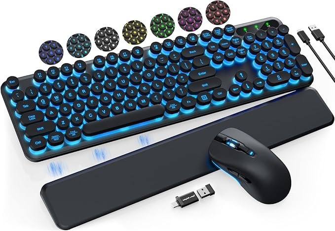Wireless Keyboard and Mouse Backlit - Typewriter Keyboard with Detachable Wrist Rest, Retro Round... | Amazon (US)