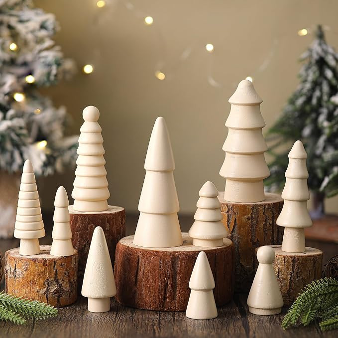 10 Pcs Mini Wooden Christmas Tree Xmas Table Decor, White | Amazon (US)