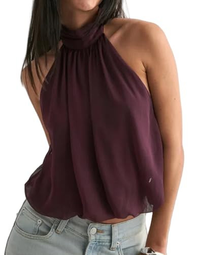 Women Halter Backless Chiffon Top High Neck Sleeveless Open Back Crop Tops Y2k Party Club Sexy Going Out Top(Burgundy,Small) | Amazon (US)