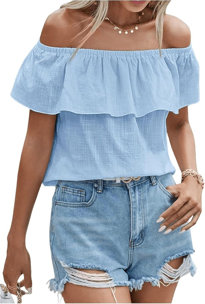 SweatyRocks Women's Off The Shoulder Blouse Short Sleeve Ruffled Summer Tops | Amazon (US)