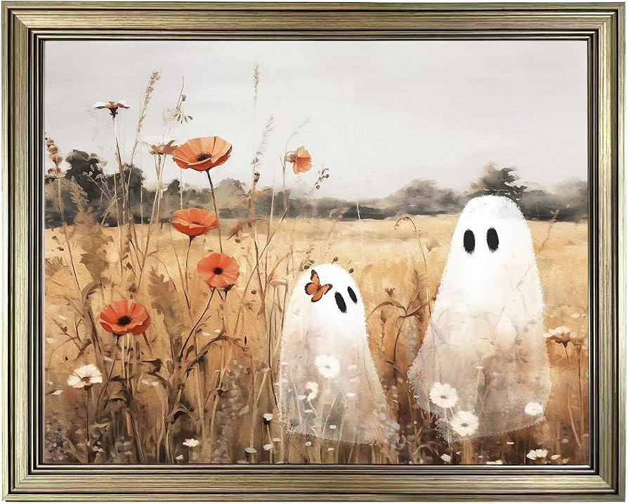 Framed Halloween Wall Art Vintage Ghost Painting Aesthetic Halloween Decor Cute Ghosts In Wildflo... | Amazon (US)