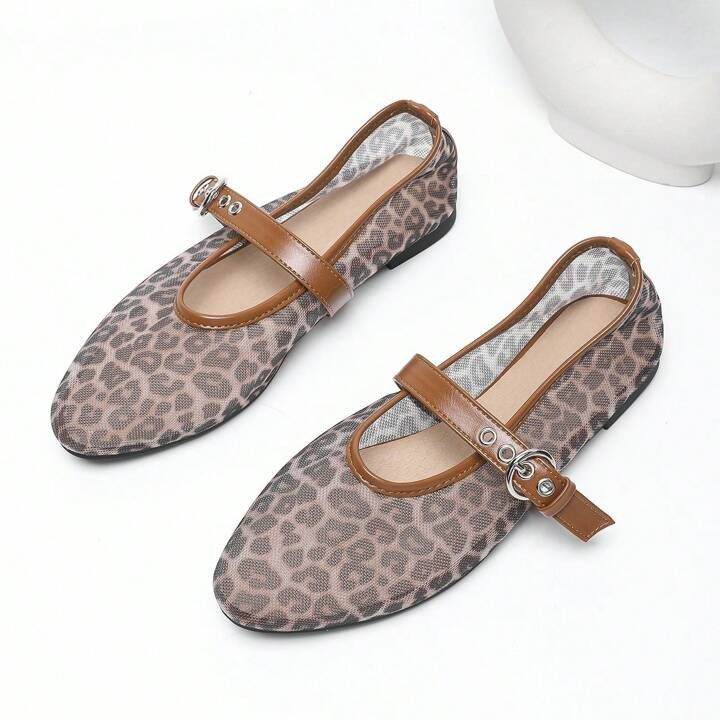 Fashionable Leopard Print Mesh Snap Button Flat Shoes | SHEIN USA | SHEIN
