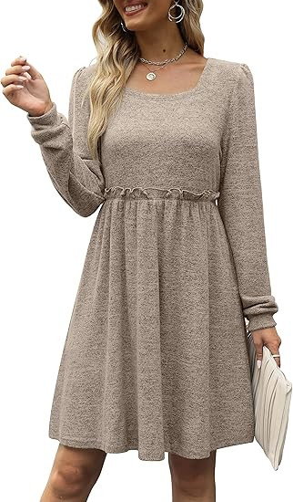 XIEERDUO Womens Long Sleeve Dress Square Neck Puff Sleeve Elastic Waist Casual Dresses | Amazon (US)
