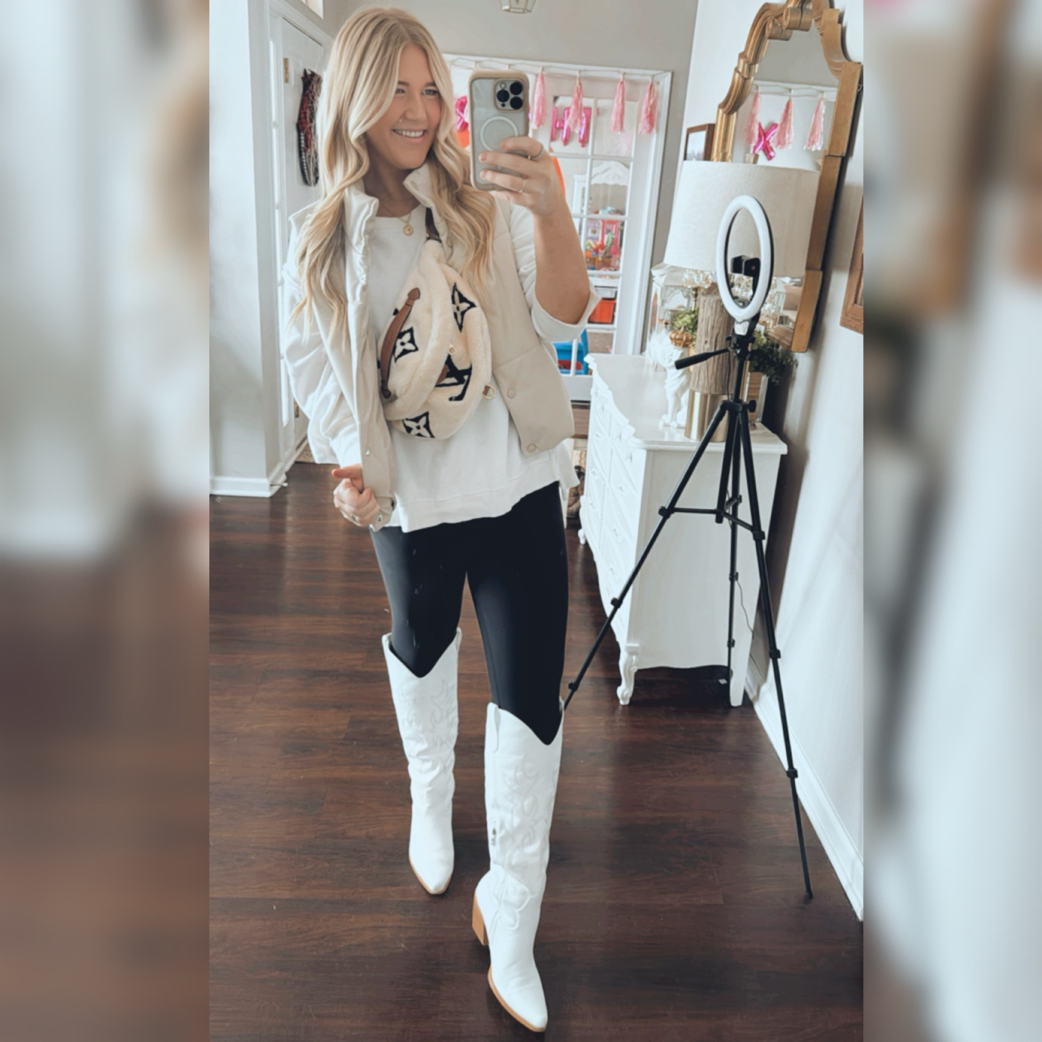 Lv, bum bag, bumbag, white boots, white cowboy boots, cowboy boots, western boots, white western boots, leggings, free people, Camden sweatshirt, Walmart, Walmart vest, puff vests, mid size, plus size, plus, mid, curvy 

#LTKSeasonal #LTKmidsize #LTKplussize