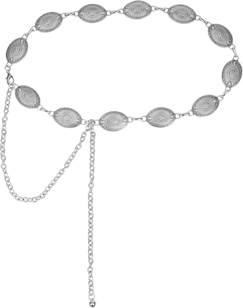 Western-Concho-Belt-Women Cowgirl-Metal-Belts Boho Silver Vintage Turquoise Chain Belt for Dress ... | Amazon (US)