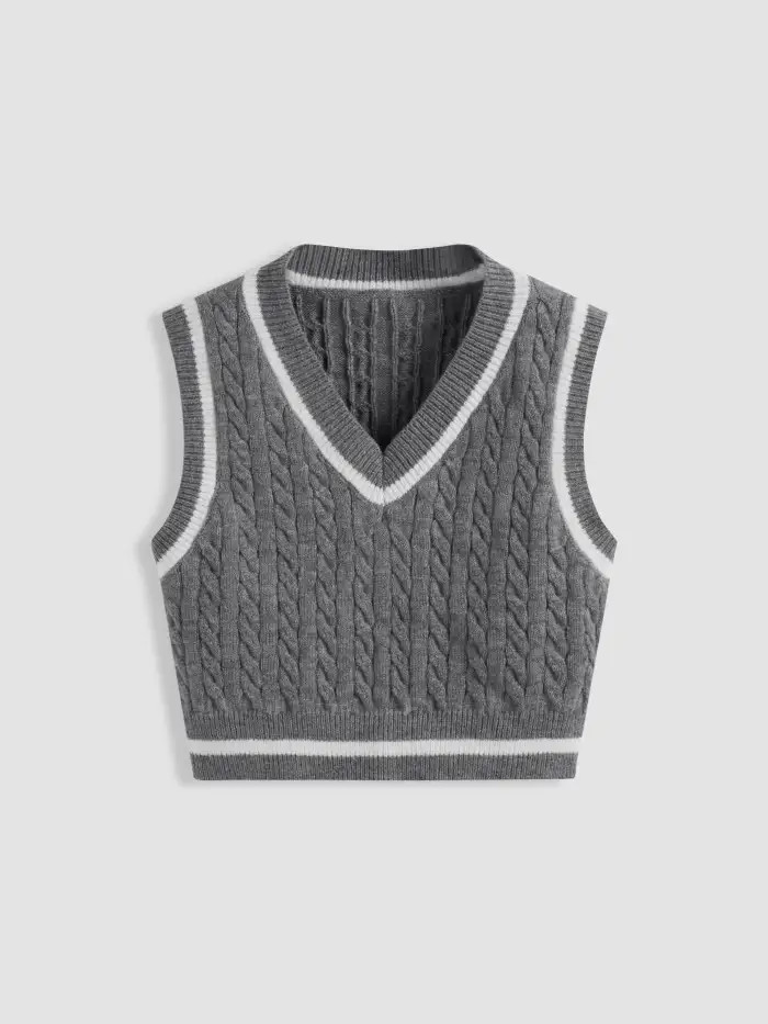 Knit V-neck Texture Contrasting Binding Crop Vest... | Cider