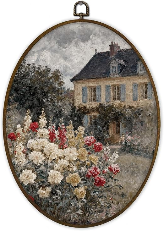 Gnmduw Cottagecore House and Garden Oval Wall Art Framed, Farmhouse French Country Landscape Canv... | Amazon (US)
