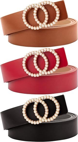 3 Packs Women's Leather Pearl Buckle Belts Double O-Ring Faux Leather Belt for Dresses and Jeans | Amazon (US)
