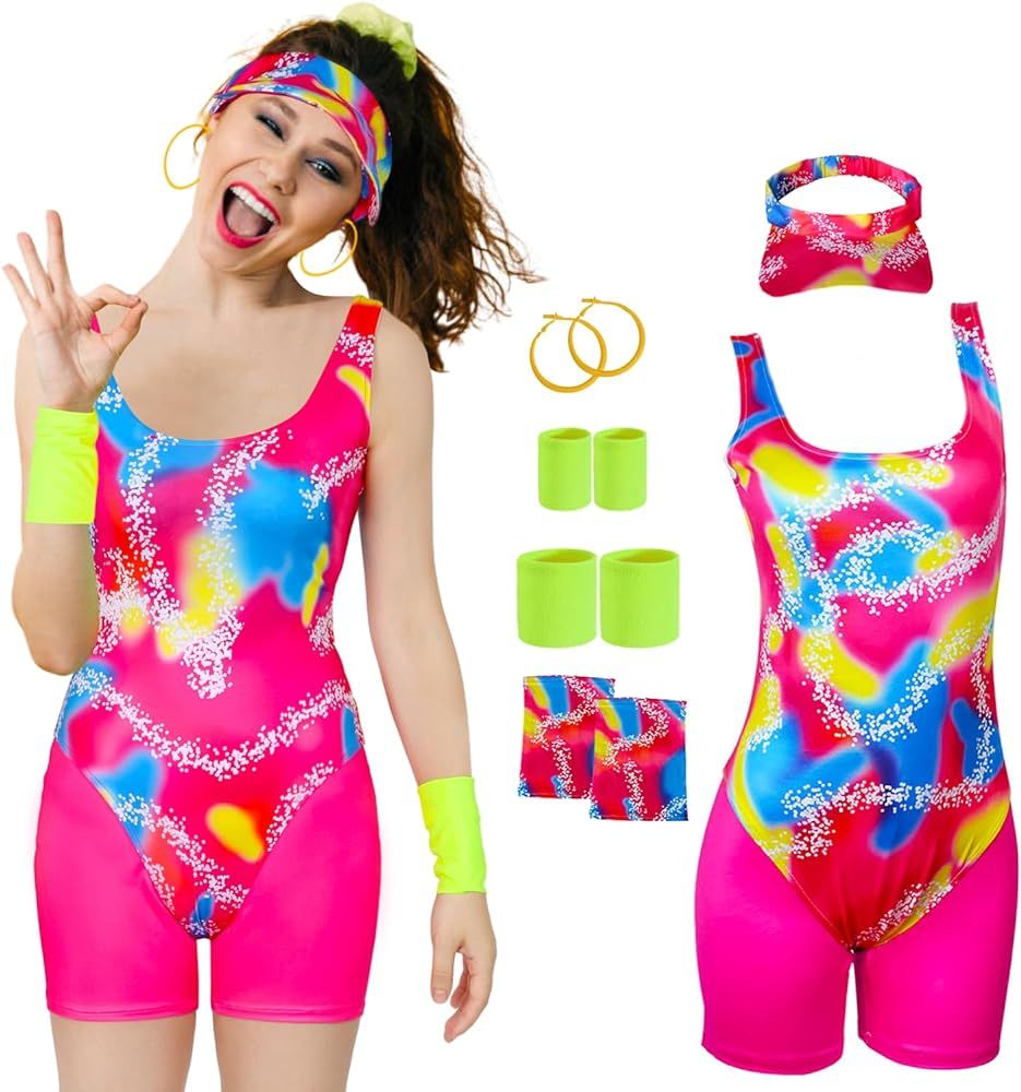 Angelaicos 80s Workout Costume for Women Sportswear Outfits Beach Suit With Sun Visor | Amazon (US)