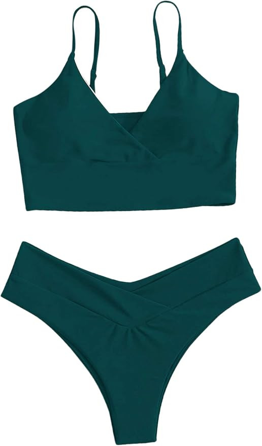 SheIn Women's Swimsuit Wrap V Neck Sleeveless Bikini Top and High Cut Thong Set Bathing Suit | Amazon (US)