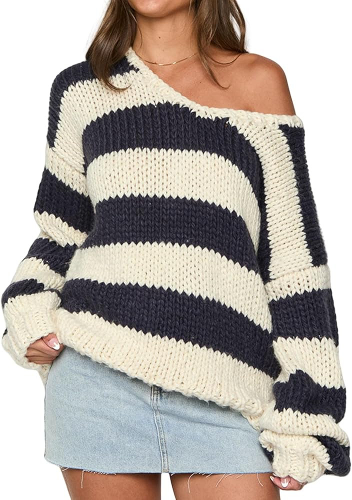 Women's Off The Shoulder Striped Sweaters Y2k Drop Shoulder Long Sleeve V-Neck Oversized Knit Pul... | Amazon (US)