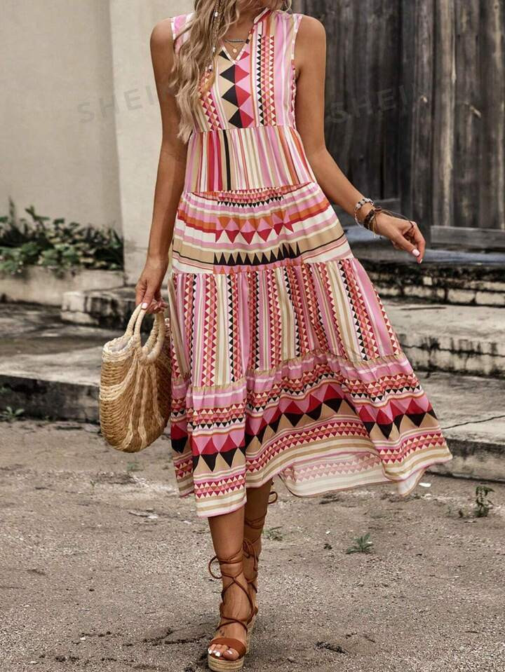 SHEIN BohoFeels Vakantiestijl jurk met geometrische print, ingekerfde hals en ruches aan de zoom ... | SHEIN