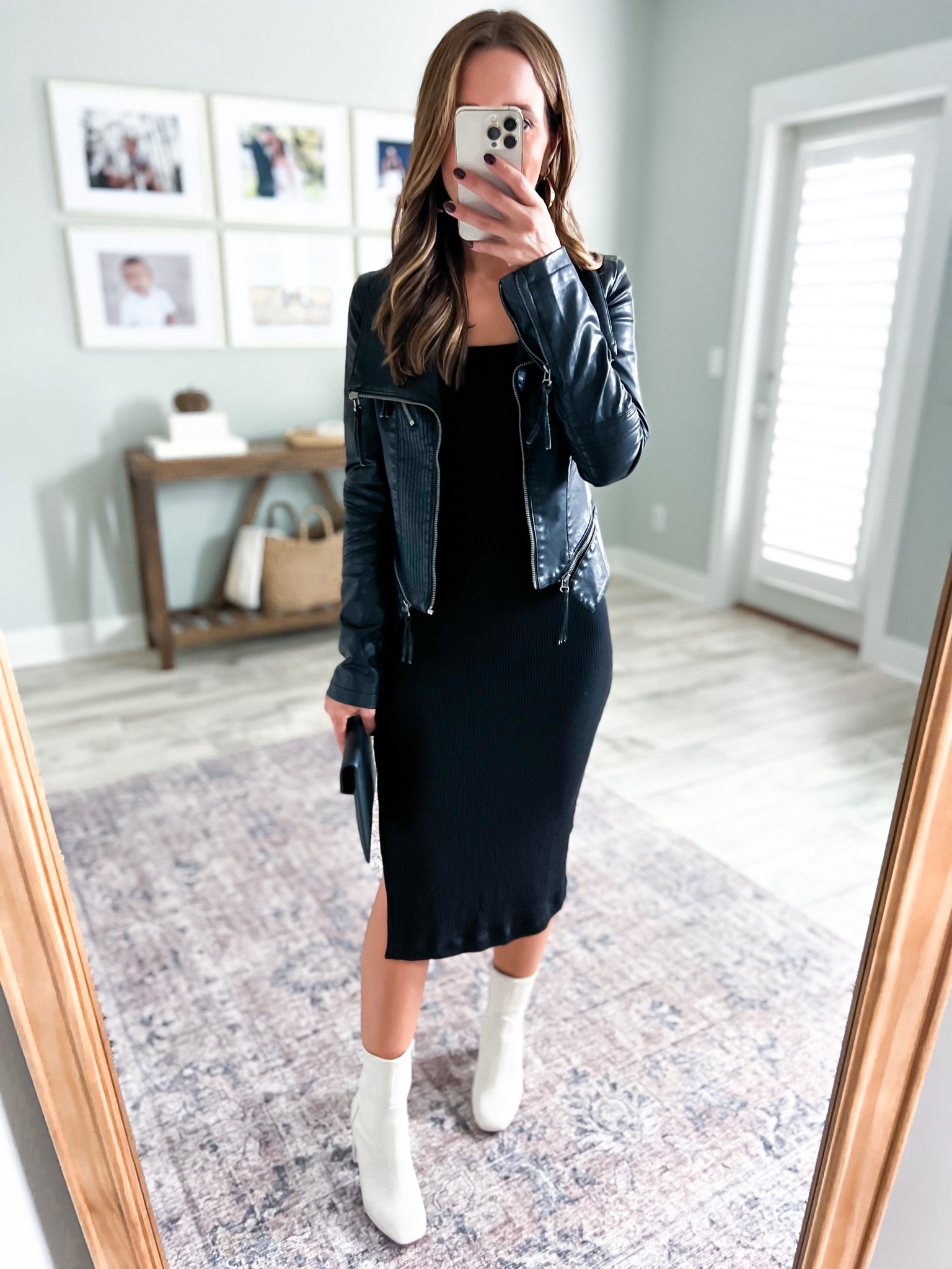 Old Navy rib-knit midi dress (XSP). Favorite moto jacket (XS). Target cream boots (TTS). Date night outfit. Fall outfit. Girls night out. Dinner outfit. Amazon rug. Target gold picture frames. Target mirror. 

*Dress runs small in bust area and doesn’t have any stretch. Consider sizing up if you have a large bust or if you are in between sizes.

#LTKunder50 #LTKCyberweek #LTKshoecrush