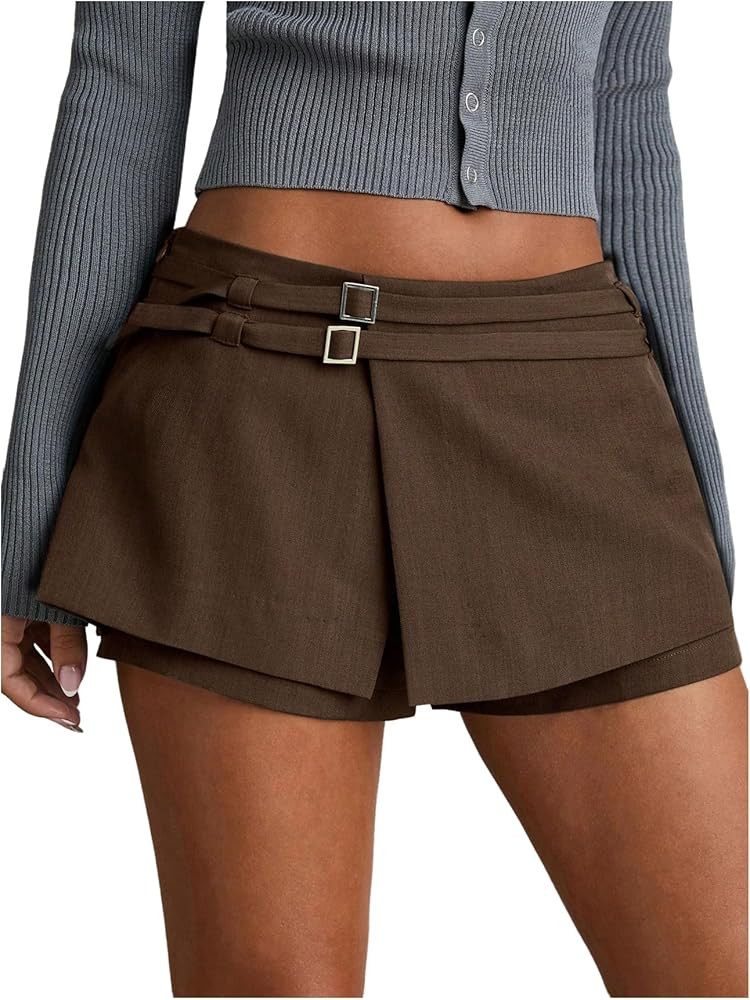 SweatyRocks Women's Buckle Low Waist Mini Skirts Business Casual Skort Skirts | Amazon (US)