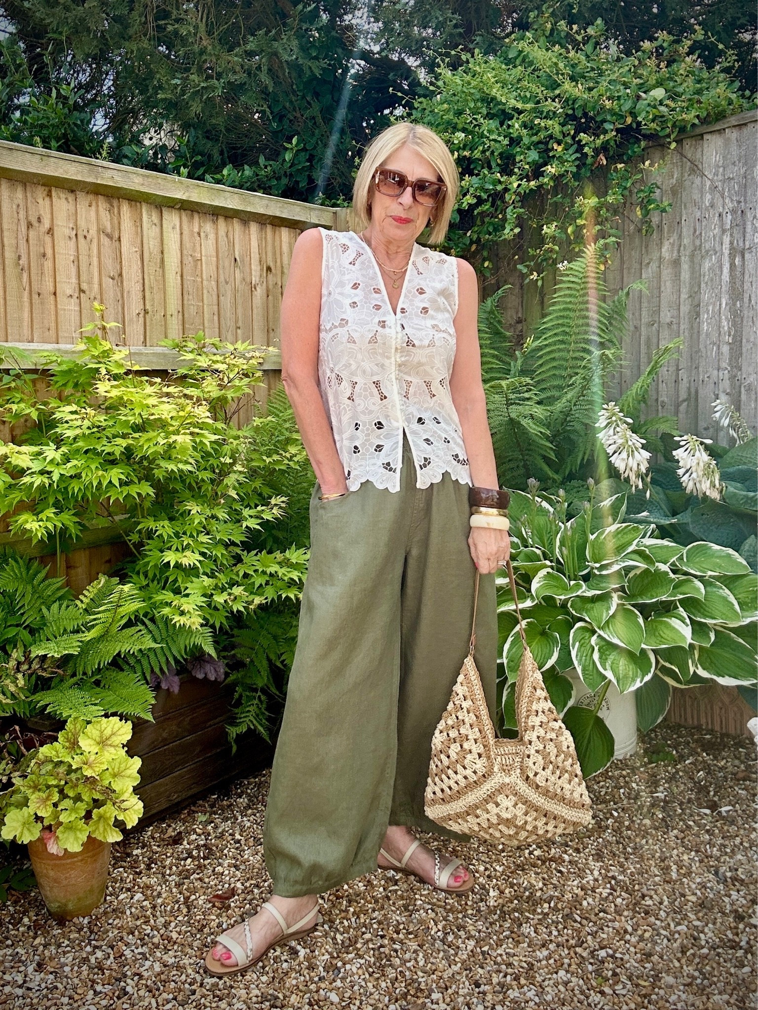 Keeping cool in linen balloon shaped trousers & breathable cutwork waistcoat.
Add a straw bag, sandals & chunky bangles-easy style

#LTKsummer #LTKuk #LTKover50style