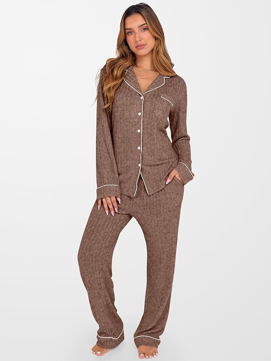 ANRABESS Women Pajama Lounge Sets 2025 Fall 2 Piece Outfits Ribbed Long Sleeve Matching PJ Set Sl... | Amazon (US)
