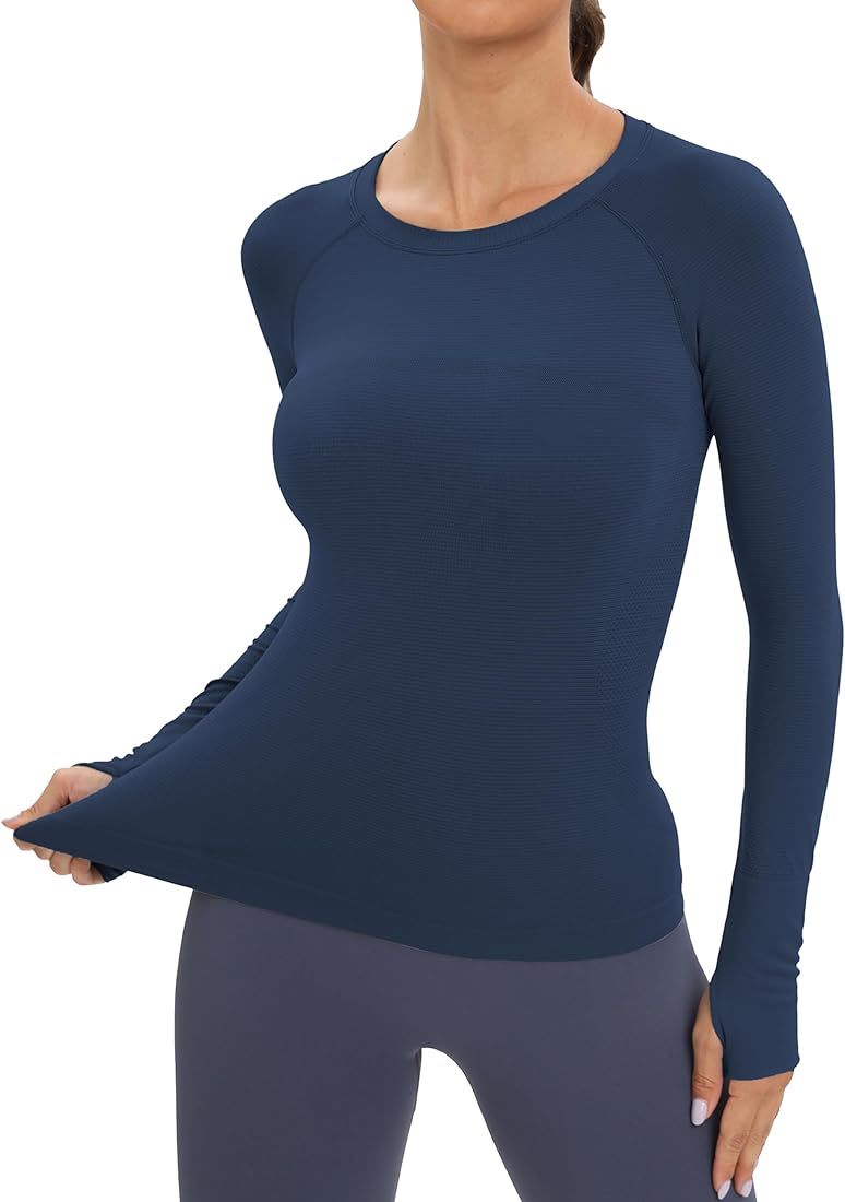 MathCat Workout Seamless Shirts for Women Long-Sleeved Yoga Running Breathable Thumb Holes Tops | Amazon (US)