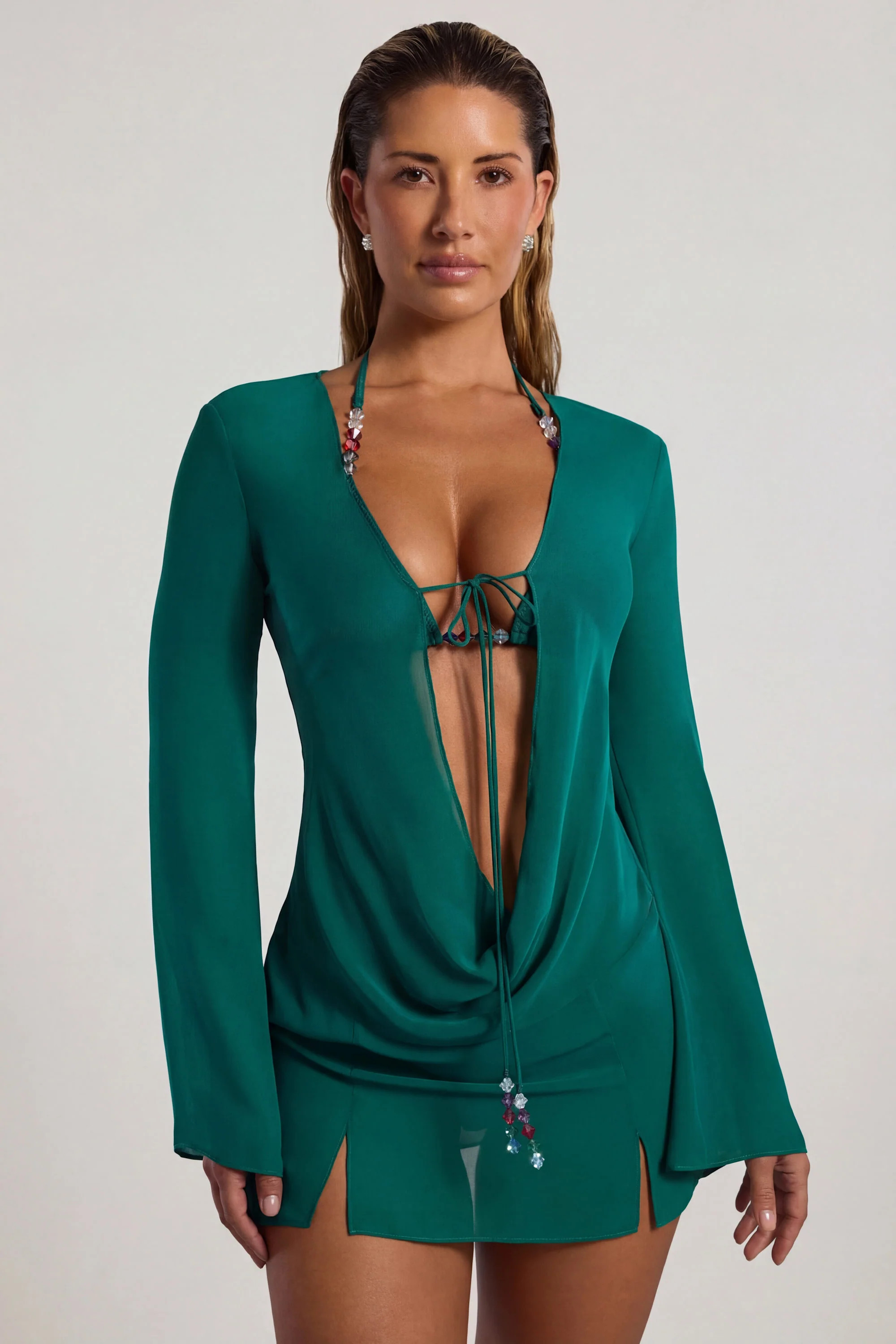 Bead-Embellished Cowl-Neck Sheer Mini Dress in Jade Green | Oh Polly