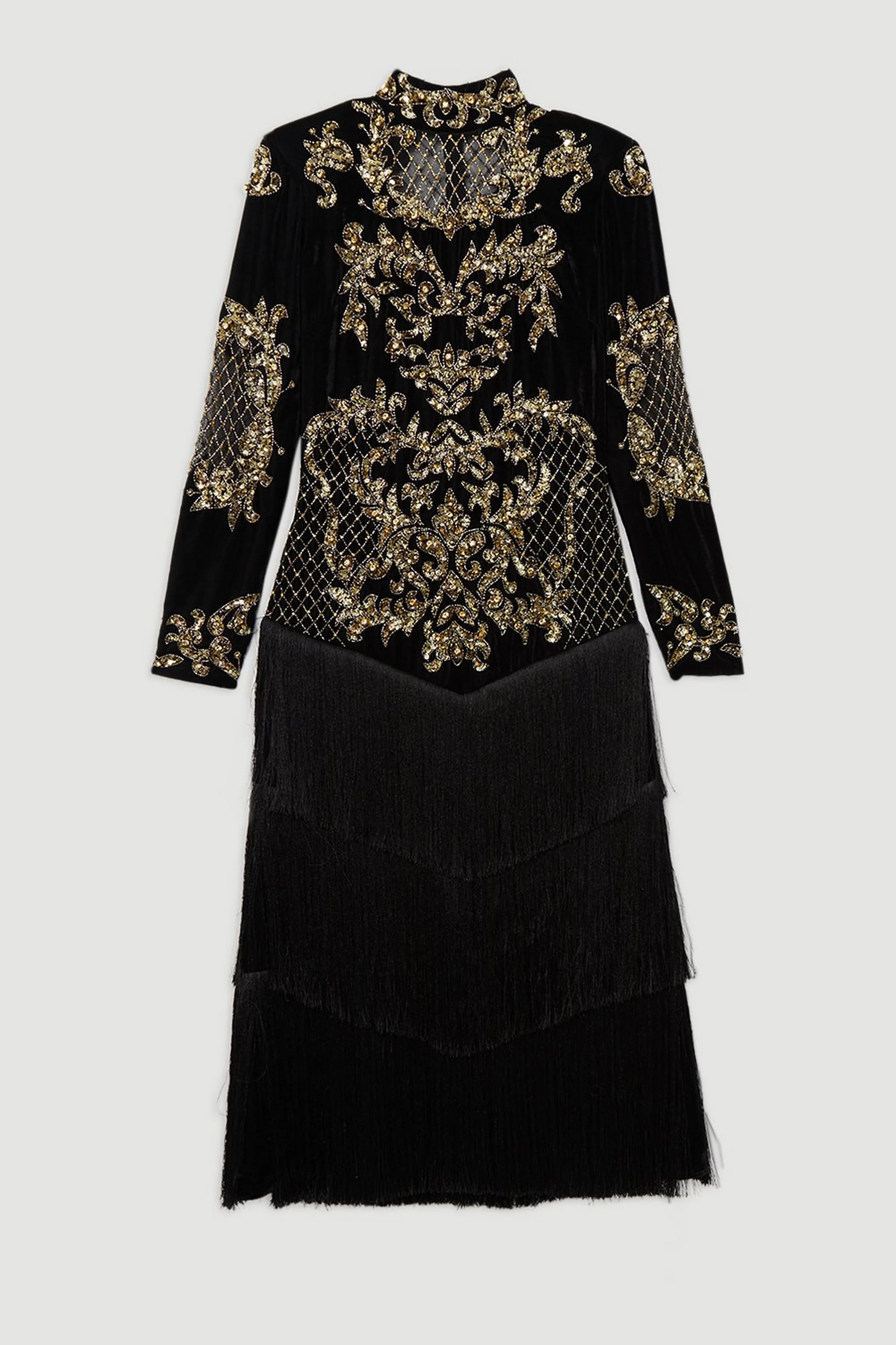 Velvet Baroque Fringe Woven Midi Dress | Karen Millen UK + IE + DE + NL