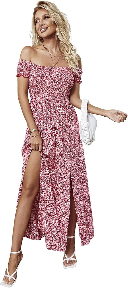 Floerns Women's Boho Floral Print Off Shoulder Split Long A Line Dress | Amazon (US)
