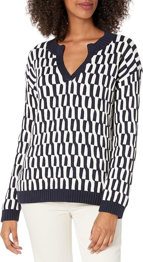 Cable Stitch Women's Geometric Jacquard Pattern Sweater - V-Neck Long Sleeve Novelty Pullover Top | Amazon (US)