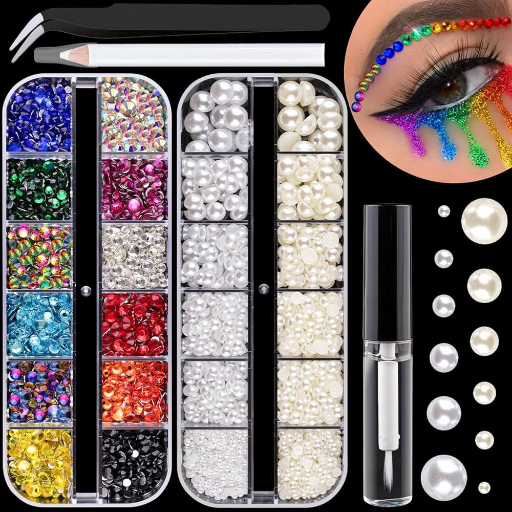 Colorful Flatback Face Gems and White & Beige Pearls for Makeup with Quick Dry Glue, Half Round P... | Amazon (US)