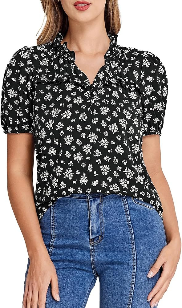 Belle Poque Women's Summer Floral Short Sleeve V Neck Blouses Business Work Casual Tops Bohemian ... | Amazon (US)