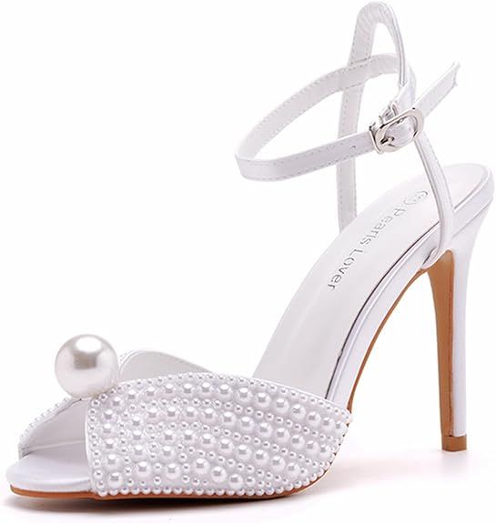 4.15 Inches Women Wedding Shoes White Pearls Sandals Peep Toe Ankle Strap Stiletto Heels Pearls S... | Amazon (US)