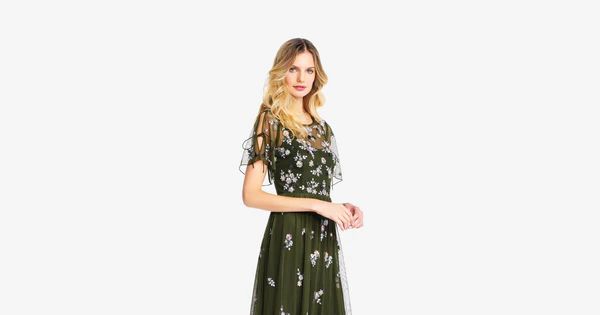 Floral Sequin Boho Gown With Lace Up Flutter Short Sleeves In Olive | Adrianna Papell