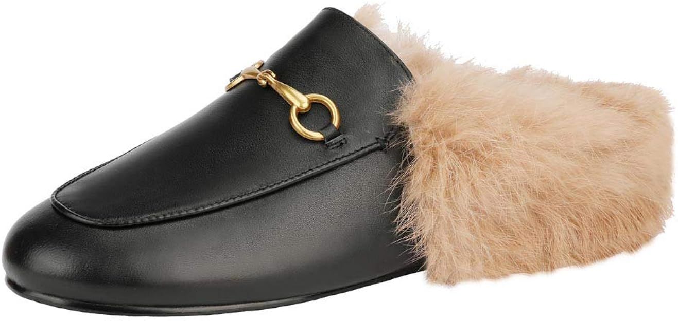 Fur Mules for Women Leather Low Heel Loafers Pointed Toe Rabbit Furny Mule Flats Backless Slides | Amazon (US)