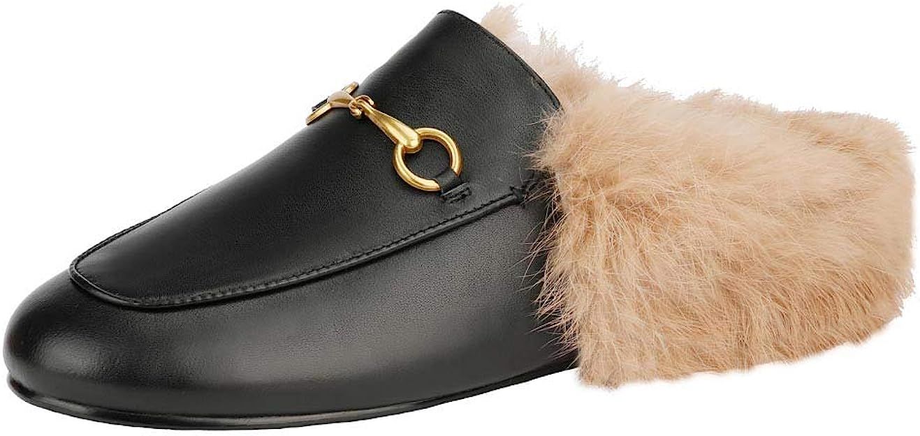 Amazon.com | Fur Mules for Women Leather Low Heel Loafers Pointed Toe Rabbit Furny Mule Flats Bac... | Amazon (US)