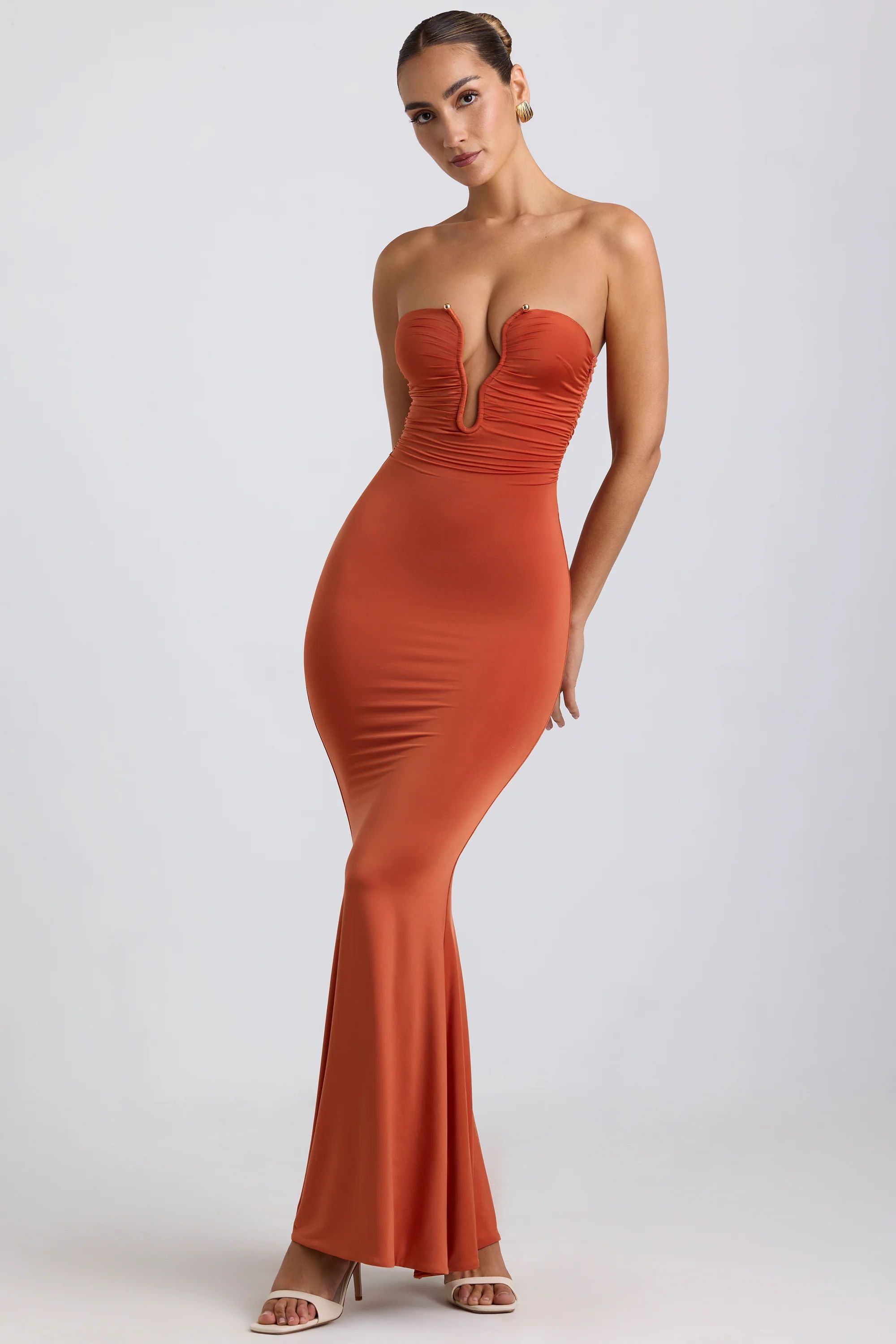 Slinky Jersey Hardware Detail Strapless Maxi Dress in Burnt Orange | Oh Polly