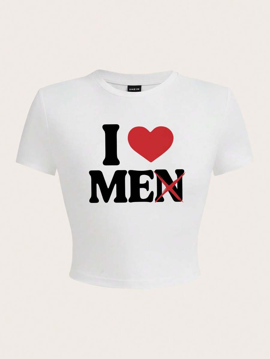 SHEIN EZwear Casual Heart Print Round Neck Short Sleeve Slim Fit T-Shirt For Women, Summer | SHEIN