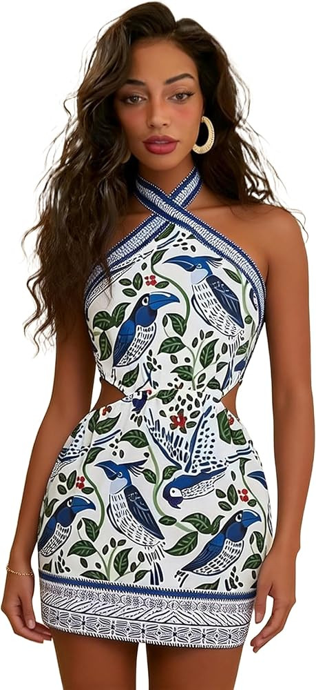 Tropical Dresses for Women Boho Mini Dress Floral Sundress - Halter Chiffon Tie Back Crisscross S... | Amazon (US)