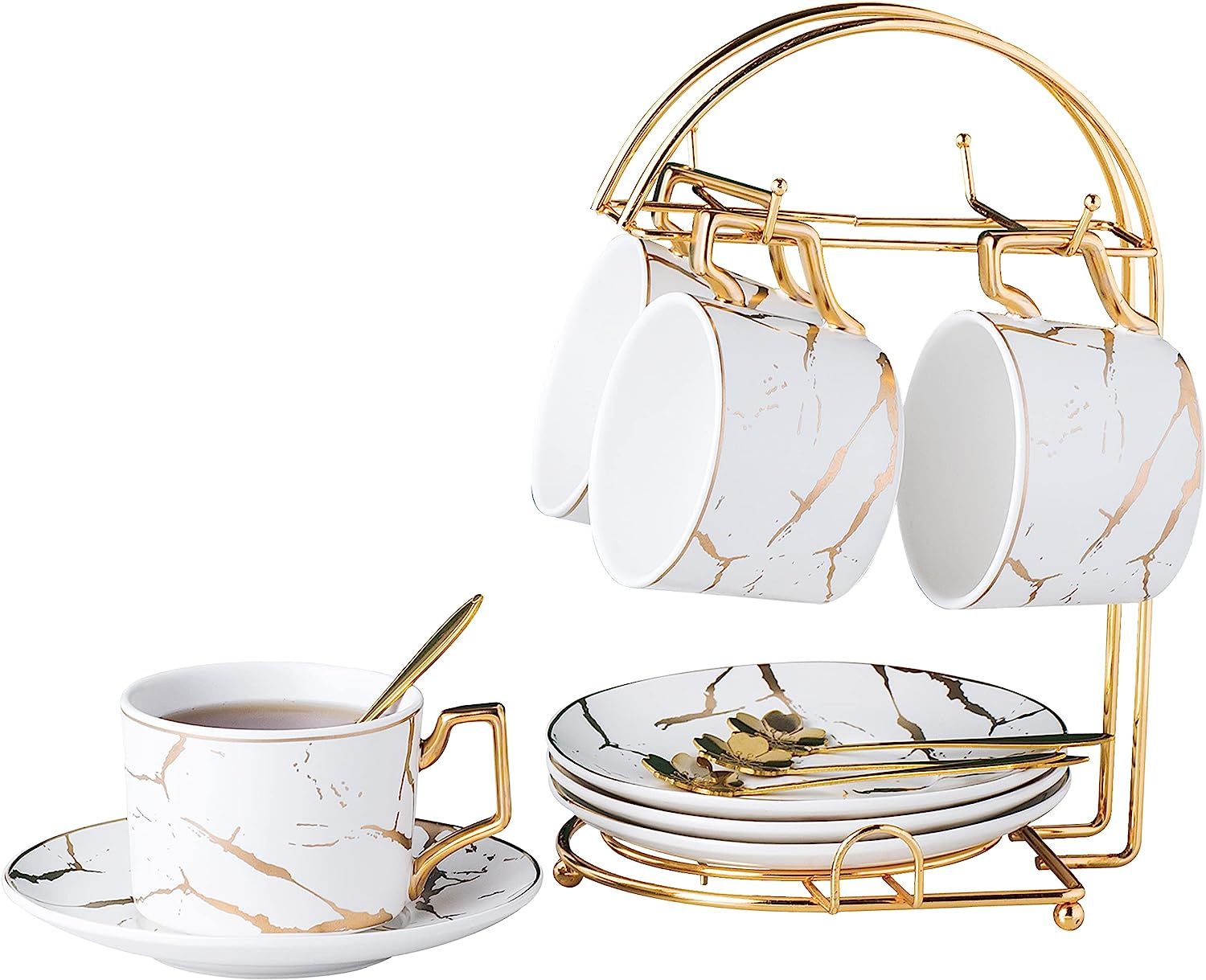 Amazon.com | Jusalpha Serve of 4- Hand Printed Golden Matte Ceramic Marble Tea Coffee/Tea Cups wi... | Amazon (US)