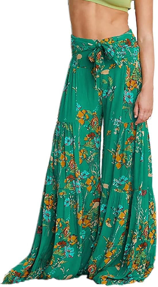Timemory Womens Wide Leg Palazzo Pants Summer Loose Casual Beach Boho Floral Printed Bohemian Bel... | Amazon (US)