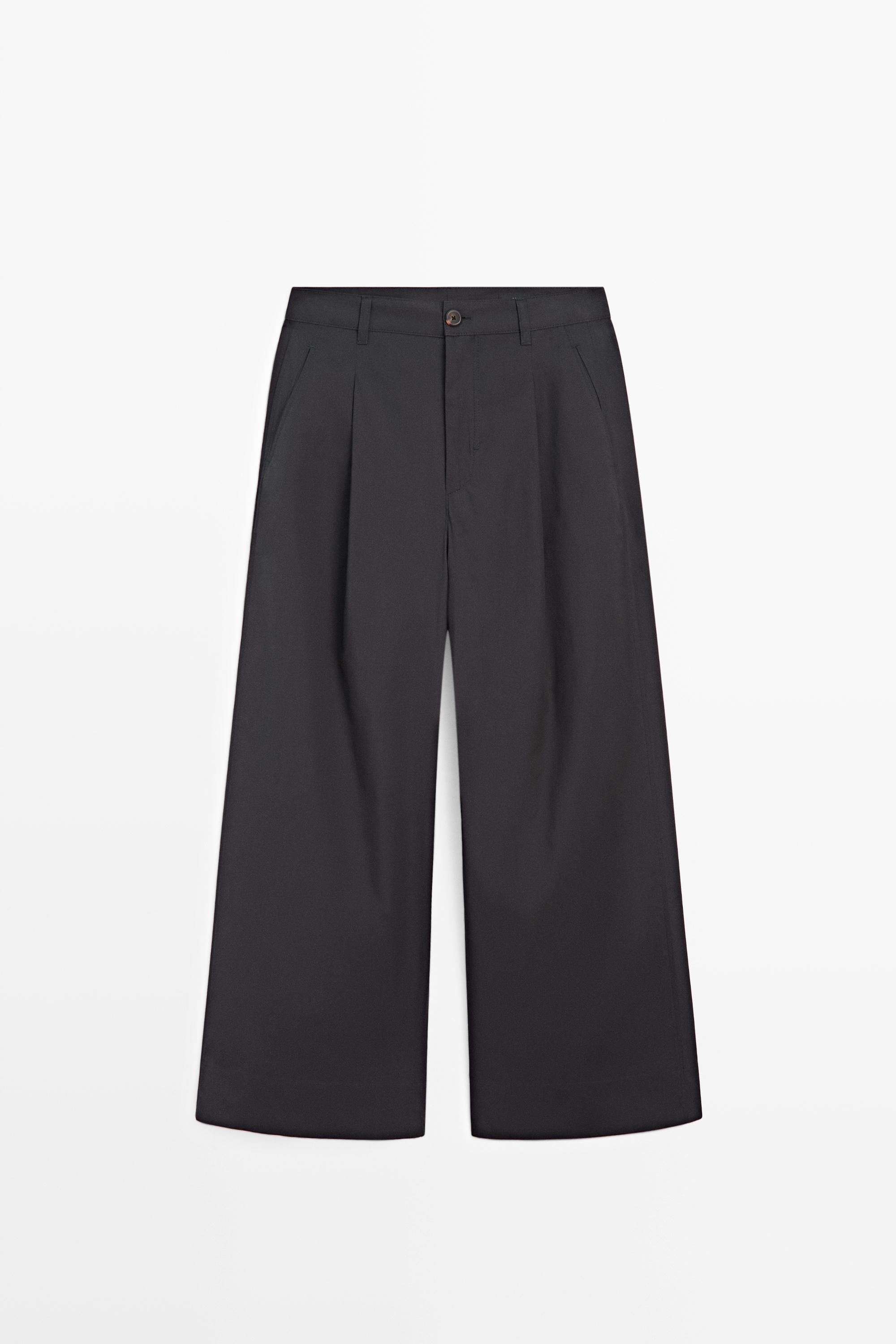 Pantalon large pliss\u00e9 en coton m\u00e9lang\u00e9 | Massimo Dutti FR