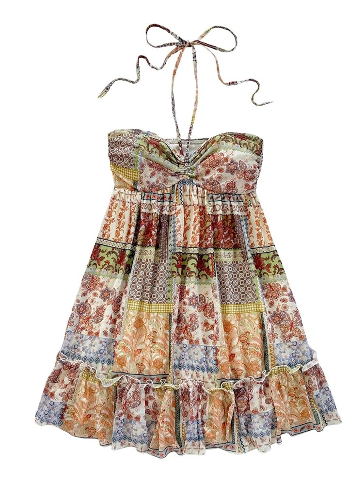 Women's Boho Graphic Ruffle Hem Halter Dress Ruched Tie Backless Summer Short Vacation Dresses | Amazon (US)