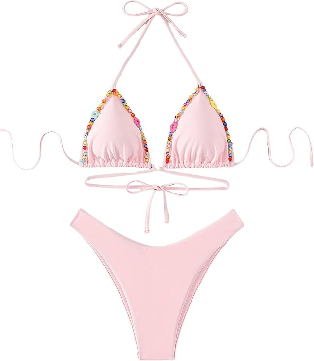 SweatyRocks Women's 2 Piece Bathing Suit Beaded Halter Triangle High Cut Bikini Tie Back Swimsuit | Amazon (US)