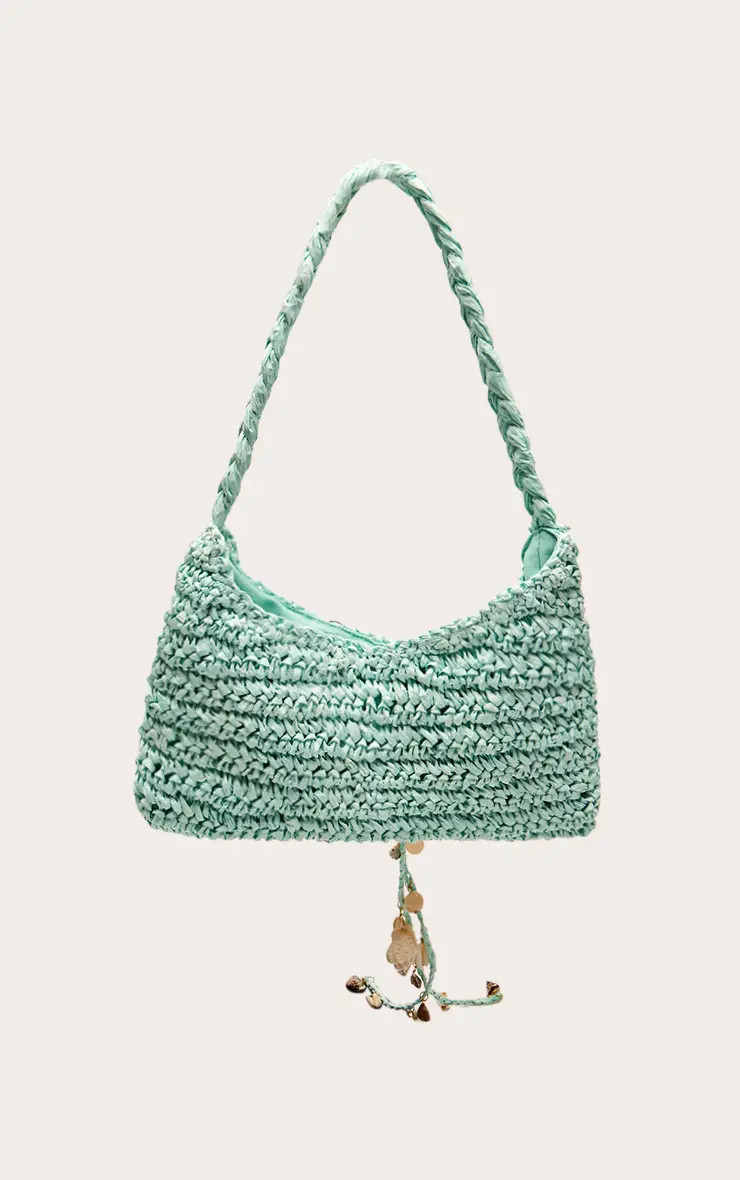 Aqua Raffia Shell Trim Shoulder Bag | PrettyLittleThing USA | PrettyLittleThing US