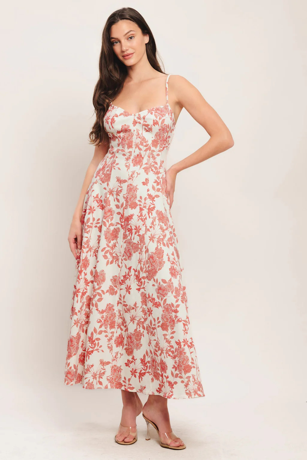 FLORAL HAZE CORAL MIDI DRESS | Lady Black Tie