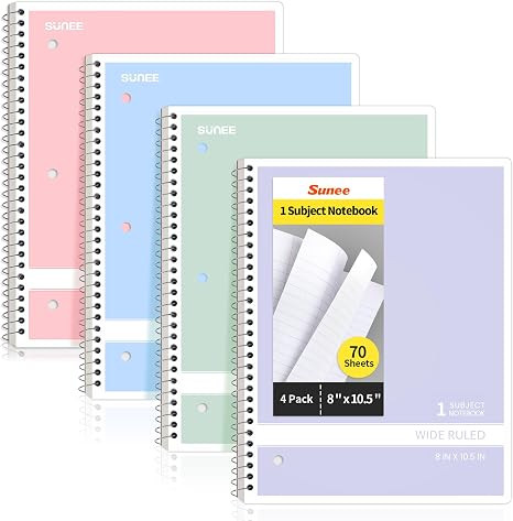 SUNEE Spiral Notebooks Wide Ruled, 1-Subject, 4 Pack, 8 x 10-1/2 in, 70 Sheets, 3-Hole Punched 70... | Amazon (US)